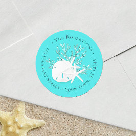 Aqua Christmas Beach Sand Dollar Retouradres Ronde Sticker