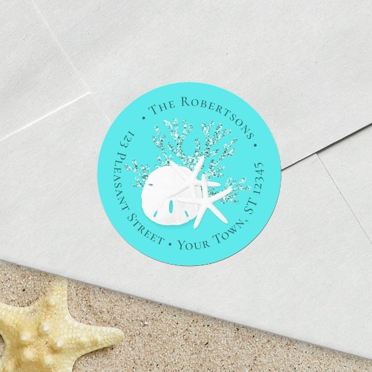Aqua Christmas Beach Sand Dollar Retouradres Ronde Sticker