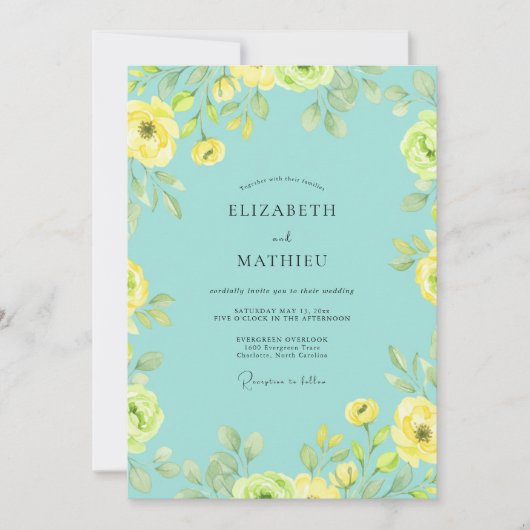 Aqua Citroen Ranunculus Eucalyptus Bruiloft Kaart (Voorkant)