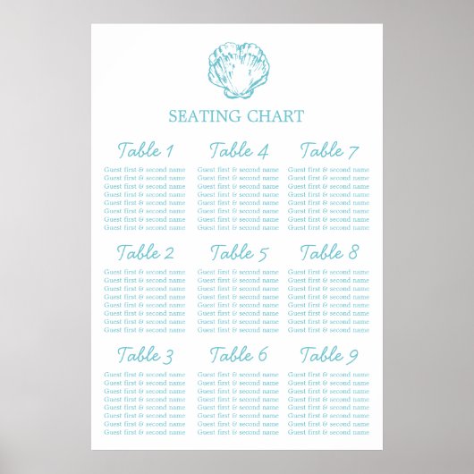 Aqua clam shell Wedding Seating Table Planner 1-9 Poster (Voorkant)