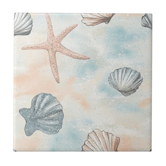 Aqua Coastal Seashells & Sparkle Starfish (1) Tegeltje (Voorkant)