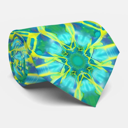 Aqua, Cobalt Blue en Yellow Tie Dye Pattern Stropdas (Opgerold)