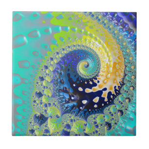 Aqua Cobalt en Yellow Spiral Fractal Abstract Tegeltje