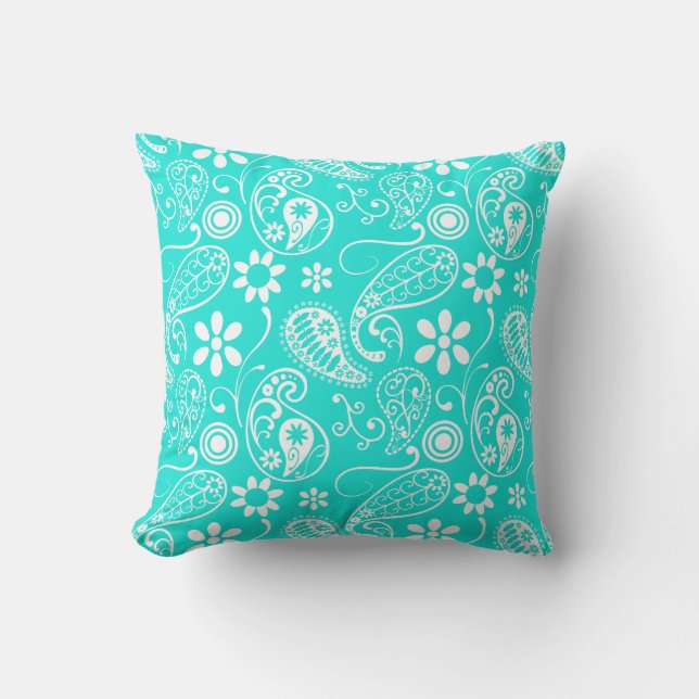 Aqua Color Paisley; Bloemen Kussen (Voorkant)