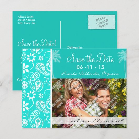 Aqua Color Paisley; Bloemen; Zomerpalm Aankondigingskaart (Voorkant / Achterkant)