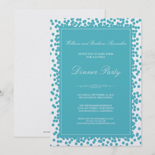 Aqua Confetti Dinner Party Invitation Kaart (Voorkant / Achterkant)