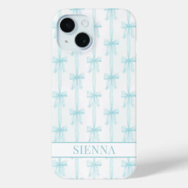 Aqua Coquette Booggestreepte Monogram iPhone 15 Case