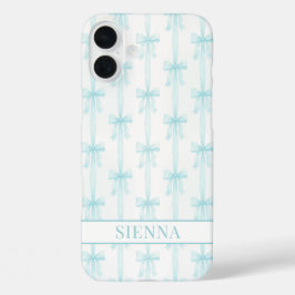 Aqua Coquette Booggestreepte Monogram iPhone 16 Plus Hoesje