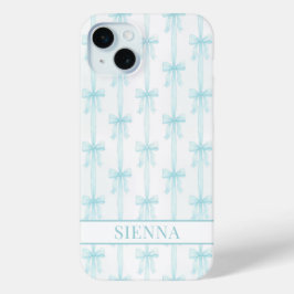Aqua Coquette Booggestreepte Monogram iPhone 15 Mini Hoesje