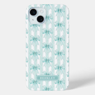 Aqua Coquette Boogjes op Strepen Monogram iPhone 15 Mini Hoesje