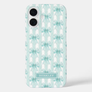 Aqua Coquette Boogjes op Strepen Monogram Hoesje-M iPhone 16 Hoesje