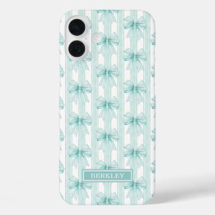 Aqua Coquette Boogjes op Strepen Monogram Hoesje-M iPhone 16 Plus Hoesje