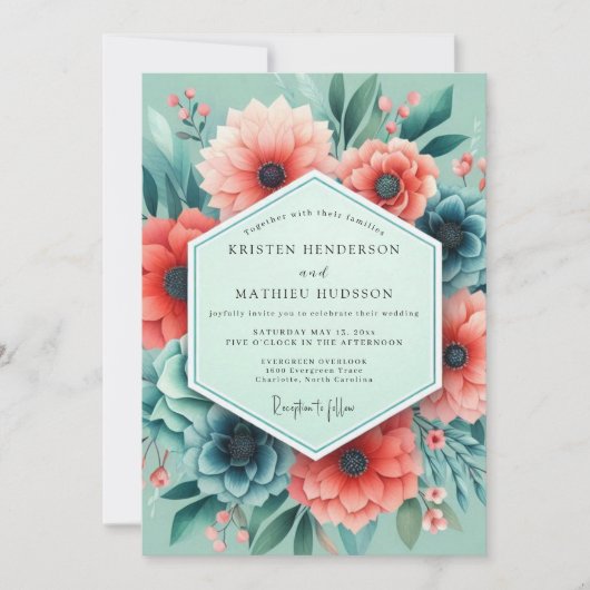 Aqua Coral Artistic Bloom Wedding Kaart (Voorkant)