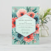 Aqua Coral Artistic Bloom Wedding Kaart (Staand voorkant)
