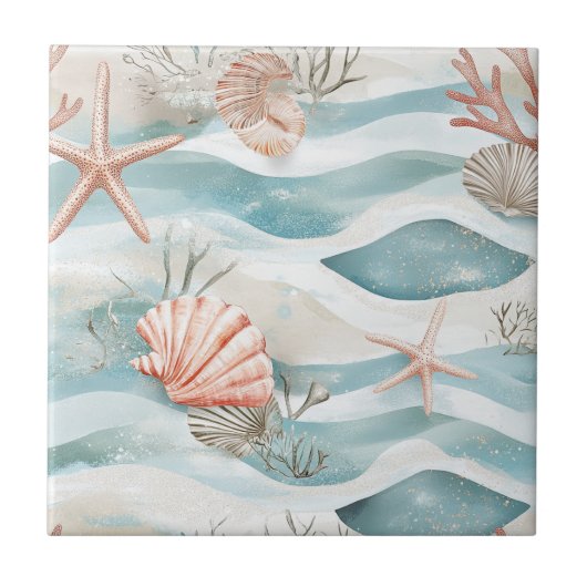 Aqua Coral Botanisch Kustpatroon Tegeltje (Voorkant)