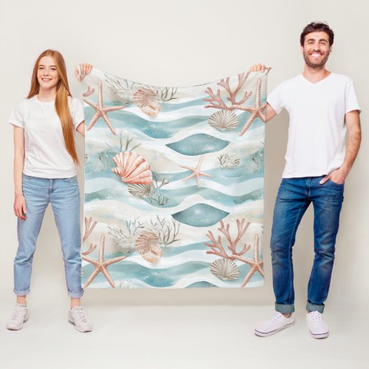 Aqua Coral Botanische Kustpatroon Fleece Deken (In situ)