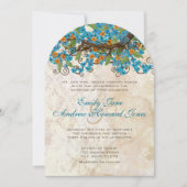 Aqua & Coral Cherry Blossom Tea Stain Invitations Kaart (Voorkant)