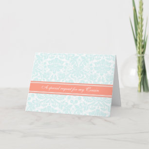 Aqua Coral Damask Cousin Bruidsmeisje Uitnodiging