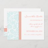 Aqua Coral Damask Save the Date Wedding Briefkaart (Voorkant / Achterkant)