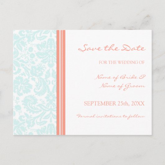 Aqua Coral Damask Save the Date Wedding Briefkaart (Voorkant)