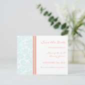Aqua Coral Damask Save the Date Wedding Briefkaart (Staand voorkant)