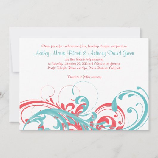 Aqua Coral Floral Destination Wedding Invitation Kaart (Voorkant)