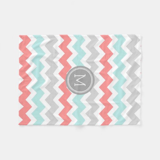 Aqua Coral Gray Chevron Pattern Monogram Blanket Fleece Deken (Voorkant (Horizontaal))
