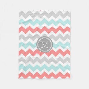 Aqua Coral Gray Chevron Pattern Monogram Blanket Fleece Deken