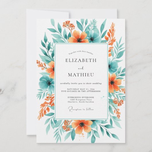 Aqua Coral Levendig Lentewedding Kaart (Voorkant)