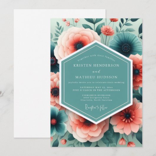 Aqua Coral Painted Bloom Wedding Kaart (Voorkant / Achterkant)