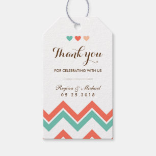 Aqua Coral Red Chevron Pattern Wedding Gift Label Cadeaulabel