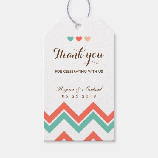 Aqua Coral Red Chevron Pattern Wedding Gift Label Cadeaulabel (Voorkant)