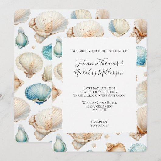 Aqua Cream Beach Shells Wedding Kaart (Voorkant / Achterkant)