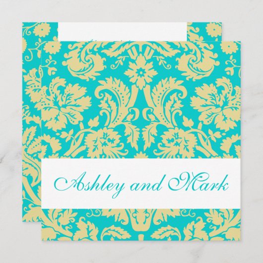 Aqua Cream Damask Wedding Invitations Kaart (Voorkant / Achterkant)