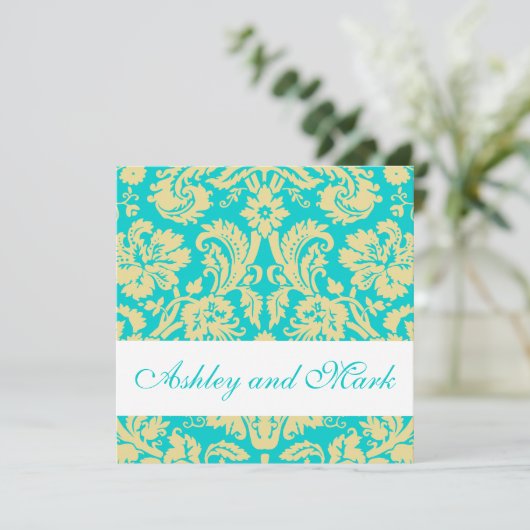 Aqua Cream Damask Wedding Invitations Kaart (Staand voorkant)