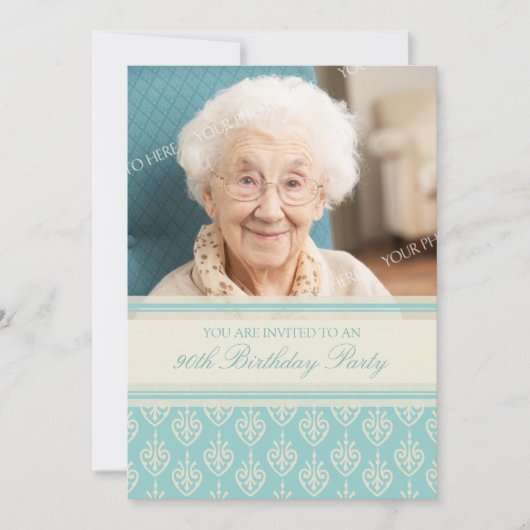 Aqua Cream Foto 90th Birthday Party Invitations Kaart (Voorkant)