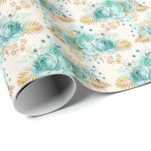 Aqua Cream Goud Bloemen Cadeaupapier (Rol Hoek)