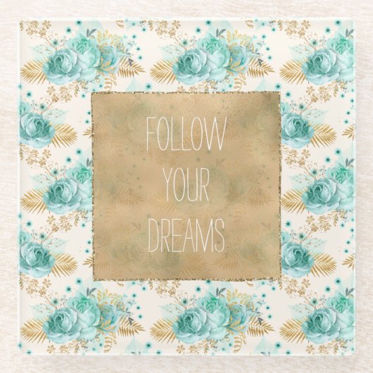 Aqua Cream Goud Bloemen Glazen Onderzetter (Voorkant)