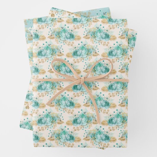 Aqua Cream Goud Bloemen Inpakpapier Vel (In situ)