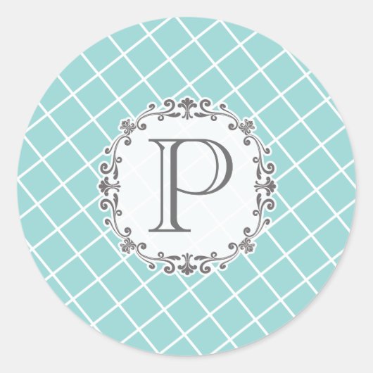 Aqua Cross Hatch Vintage Trouw Monogram Sticker (Voorkant)