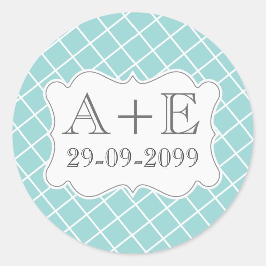 Aqua Cross Hatch Vintage Trouw Monogram Sticker (Voorkant)