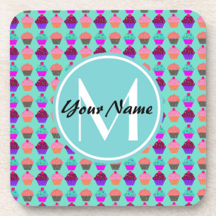 Aqua Cupcake Gepersonaliseerd Monogram Bier Onderzetter