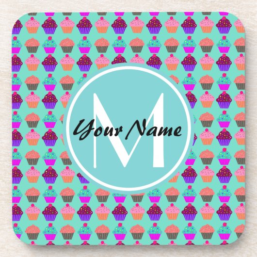 Aqua Cupcake Gepersonaliseerd Monogram Bier Onderzetter (Voorkant)