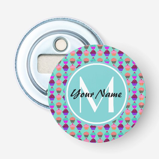 Aqua Cupcake Gepersonaliseerd Monogram Button Flesopener (Voorkant)