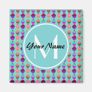 Aqua Cupcake Gepersonaliseerd Monogram Magneet