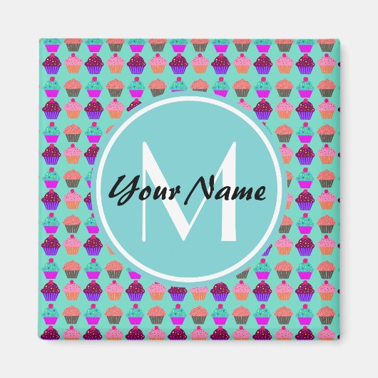 Aqua Cupcake Gepersonaliseerd Monogram Magneet (Voorkant)