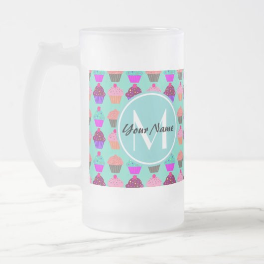 Aqua Cupcake Gepersonaliseerd Monogram Matglas Bierpul (Links)
