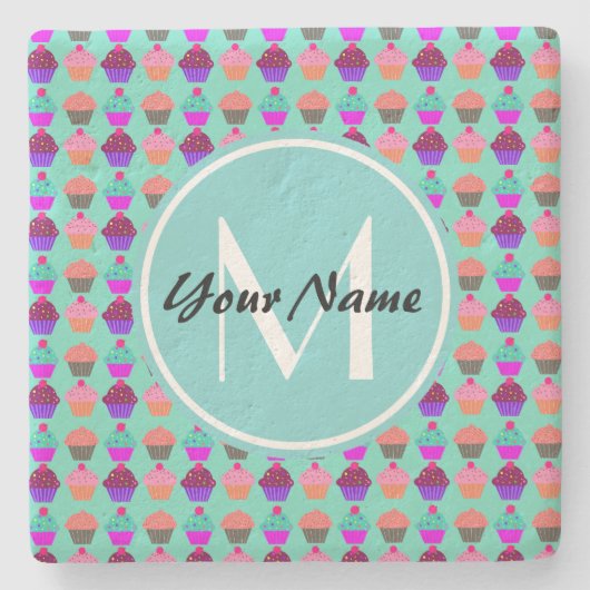 Aqua Cupcake Gepersonaliseerd Monogram Stenen Onderzetter (Voorkant)