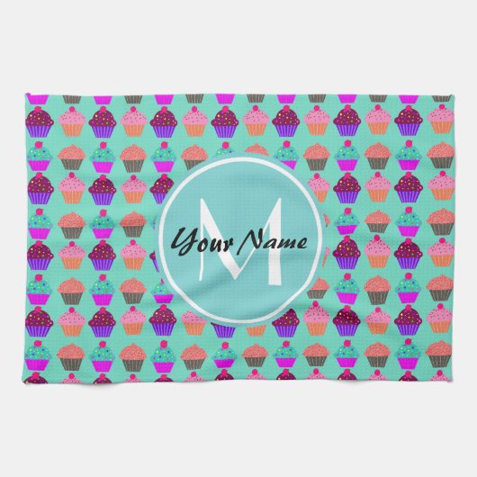Aqua Cupcake Gepersonaliseerd Monogram Theedoek (Horizontaal)