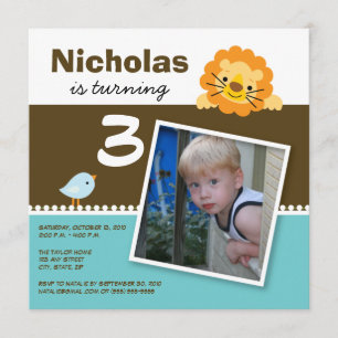 Aqua Custom Lion & Birdie Birthday Party Invite Kaart